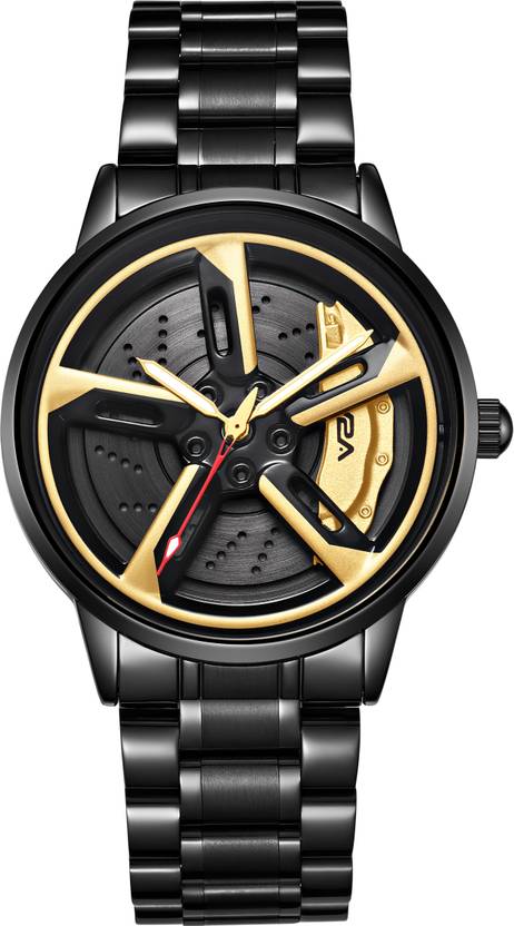 V2A men's watch, black case and bracelet with a gold five-spoke alloy wheel dial, drilled brake disc and gold caliper